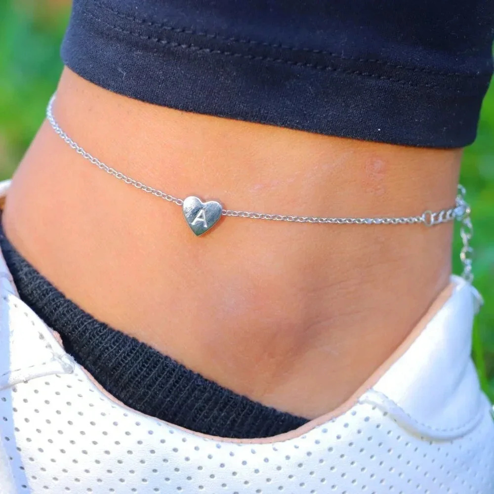 PERSONALIZED❤️HEART CHARM - A to Z, DAINTY SILVER INITIAL ANKLET GIRL, ELDM22302